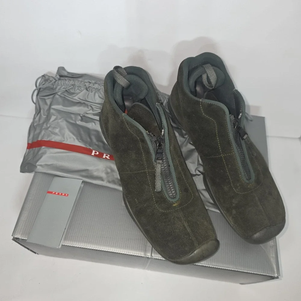 Vintage Prada Rare Olive Suede Front Zip High Top Sneakers Mens Sz US 9 Box
